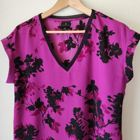 Worthington pink & purple black floral blouse Sz M Asian Inspired Flowy Summer - Picture 2 of 8